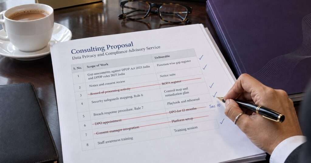 Reviewer striking unnecessary items from a DPDP consulting proposal before signing